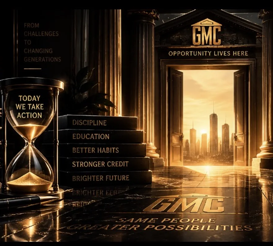Golden hourglass and stacked ledgers engraved with credit obstacles beside an open GMC doorway revealing a sunlit city skyline