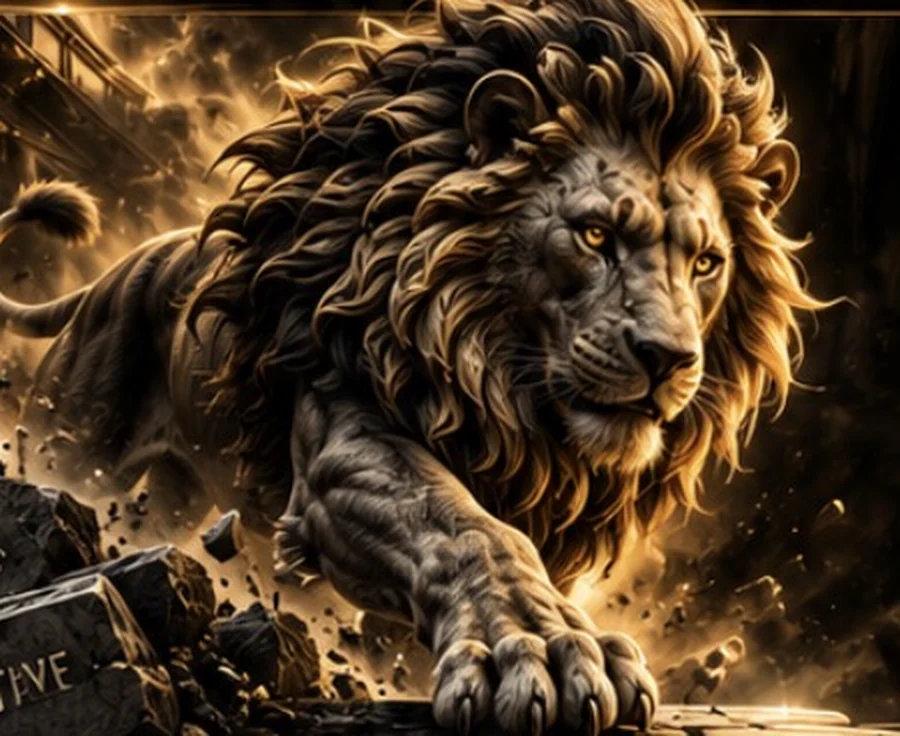 Stone and bronze lion striding forward through fractured black marble blocks engraved with financial obstacles such as late payments, collections and limited opportunities