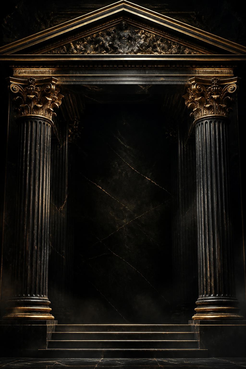 The GMC monument: a black marble classical temple facade with gold trim